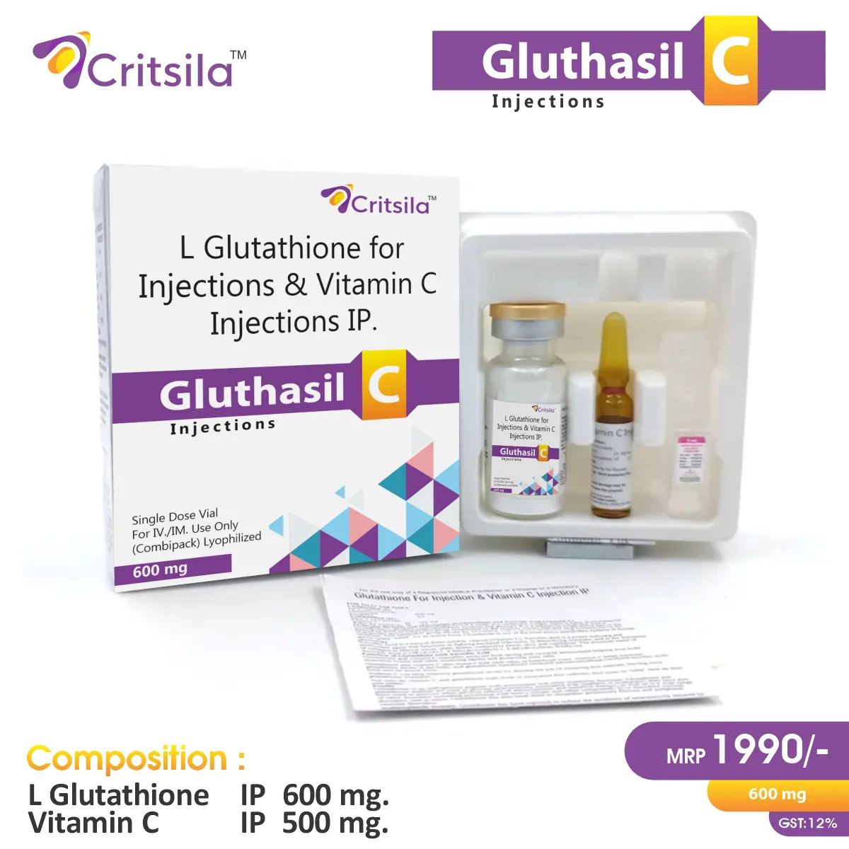 Glutathione 600mg + Vitamin C 500mg Injection | Best price for PCD Pharma Franchise | Skin brightening & antioxidant support